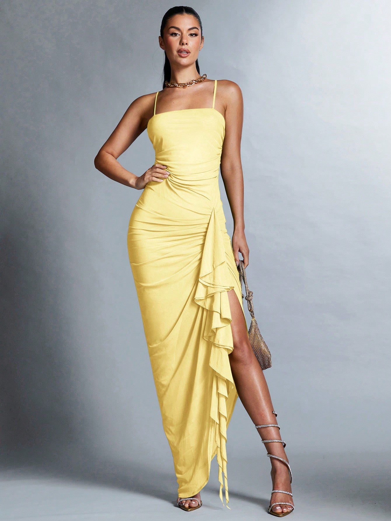 Solid Color Frill Edge Pleated Party Spaghetti Strap Dress