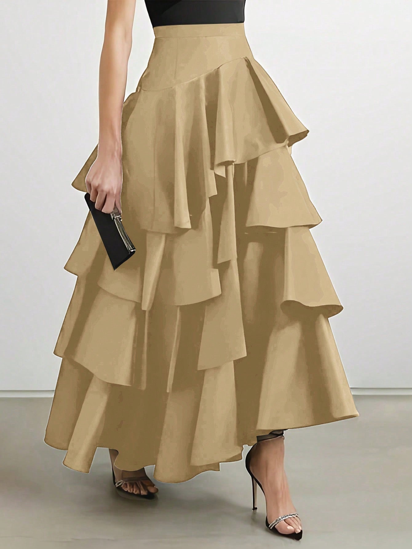 Elegant Layer Ruffle Hem Maxi Skirt