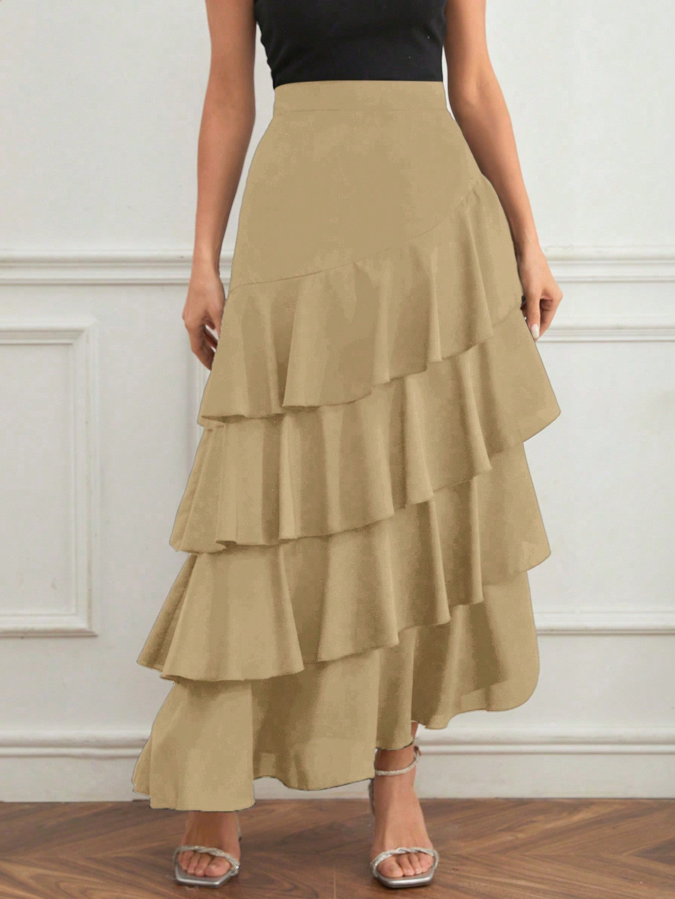 Elegant Layer Ruffle Hem Maxi Skirt