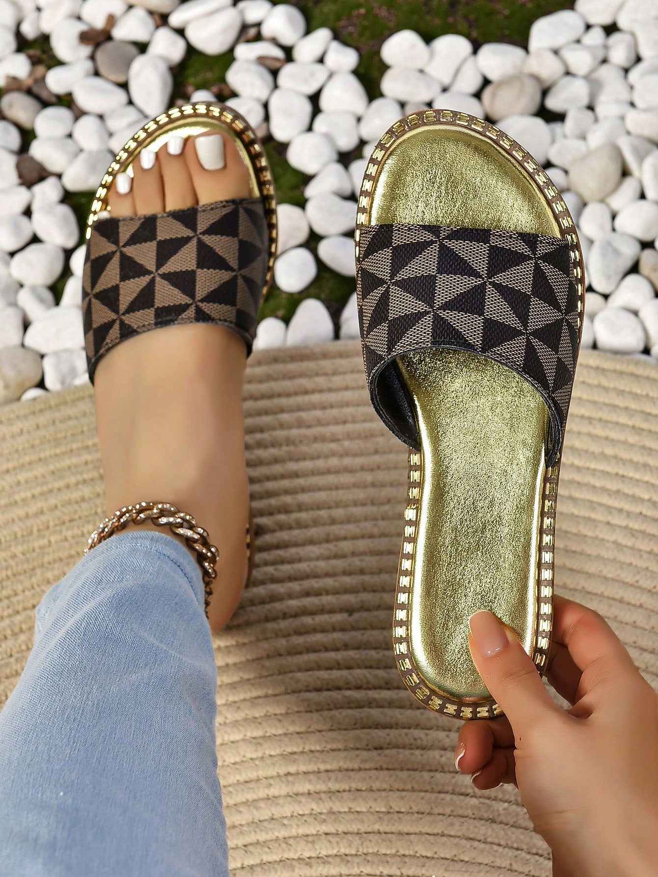 Metallic Buckle Flat Sandals