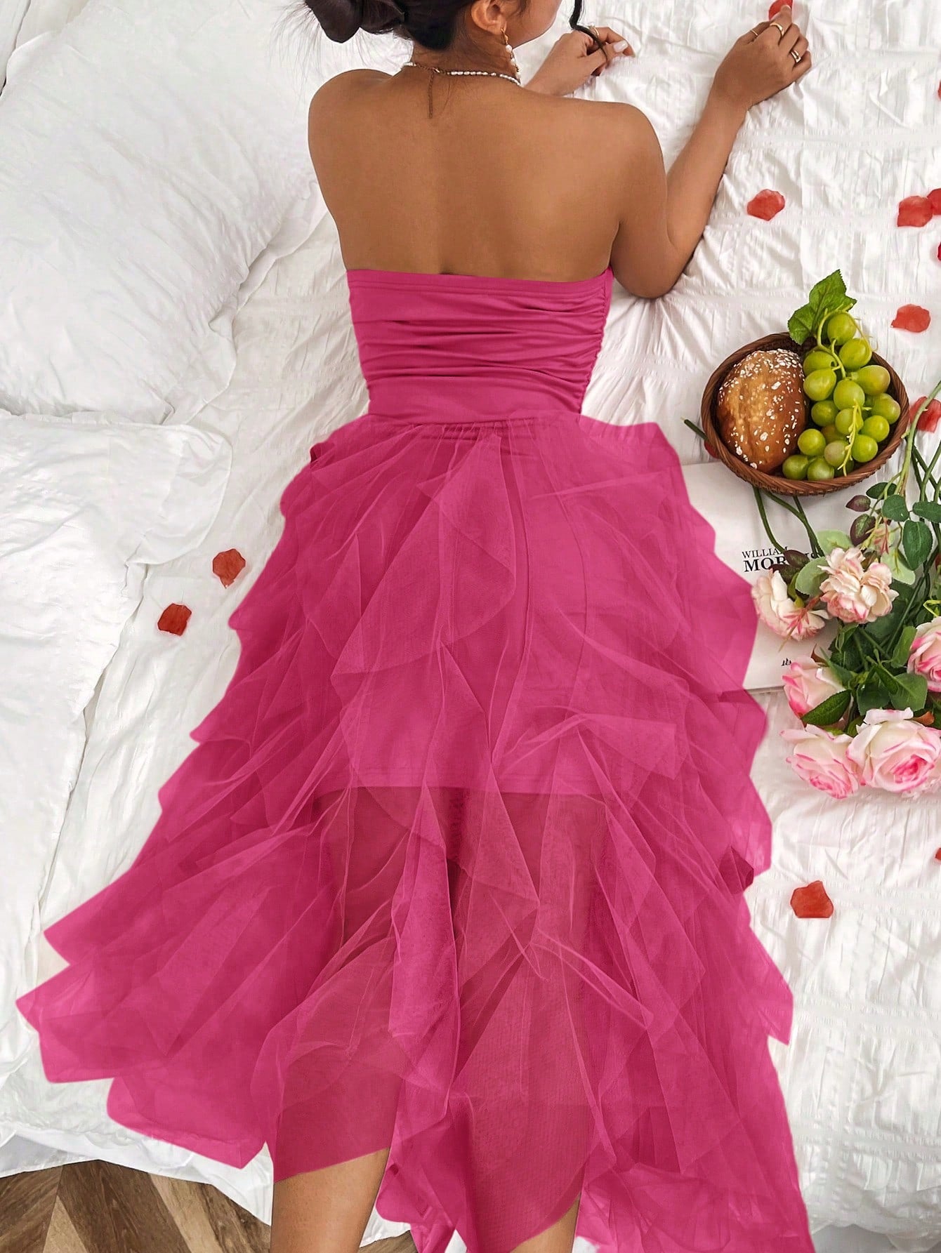 Solid Color Patchwork Mesh & Pleated Strapless Dress