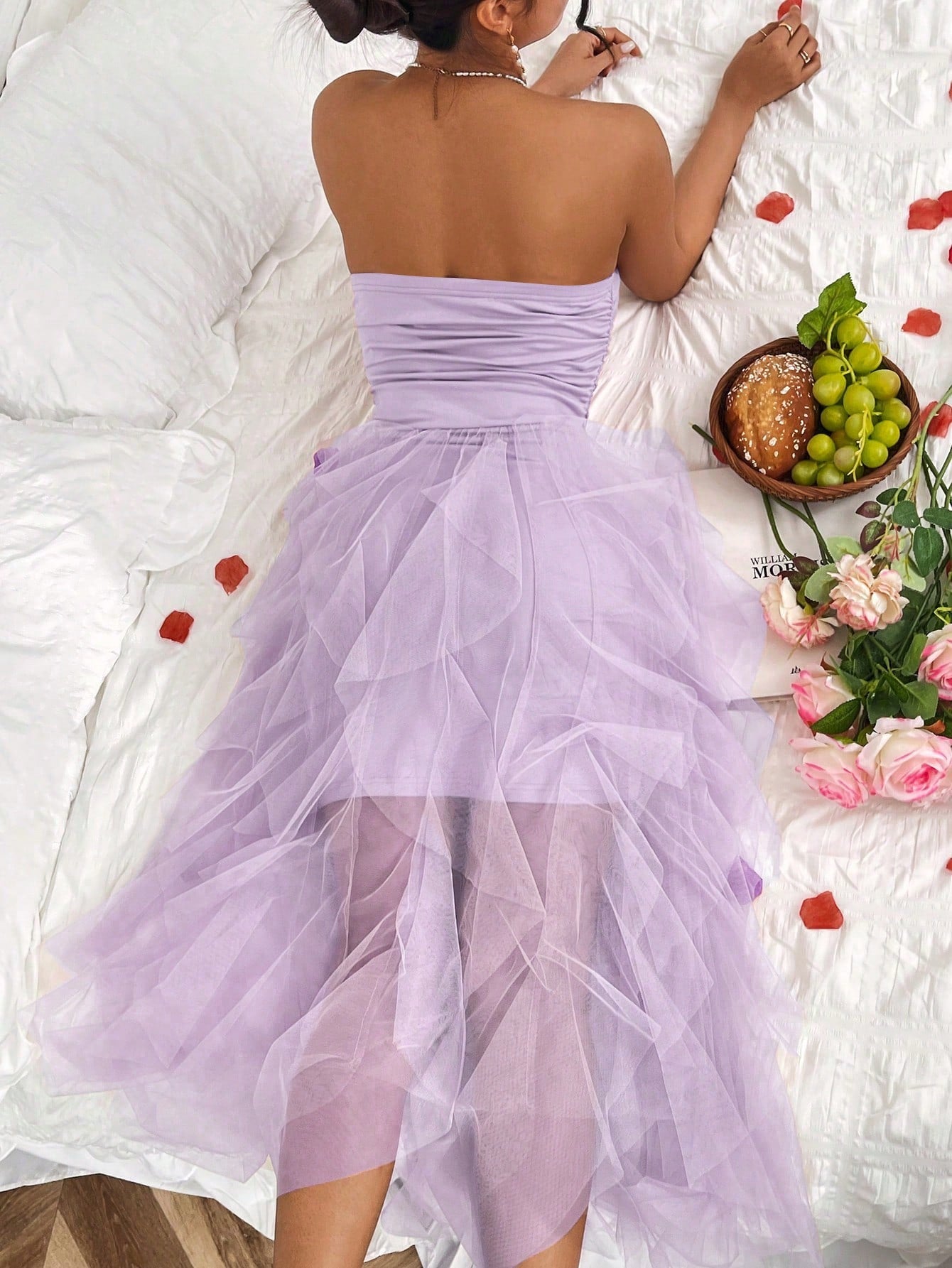 Solid Color Patchwork Mesh & Pleated Strapless Dress