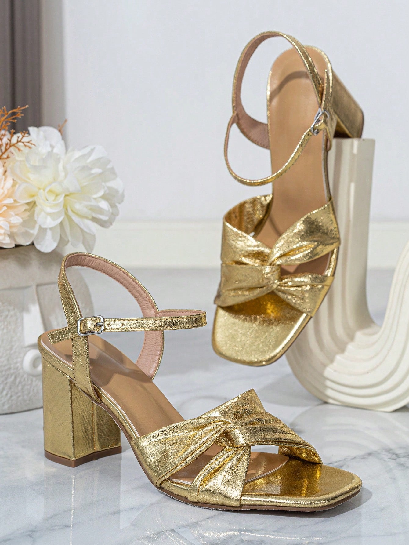 Sexy Strappy Gold Pleated Style Thin High Heels Sandals