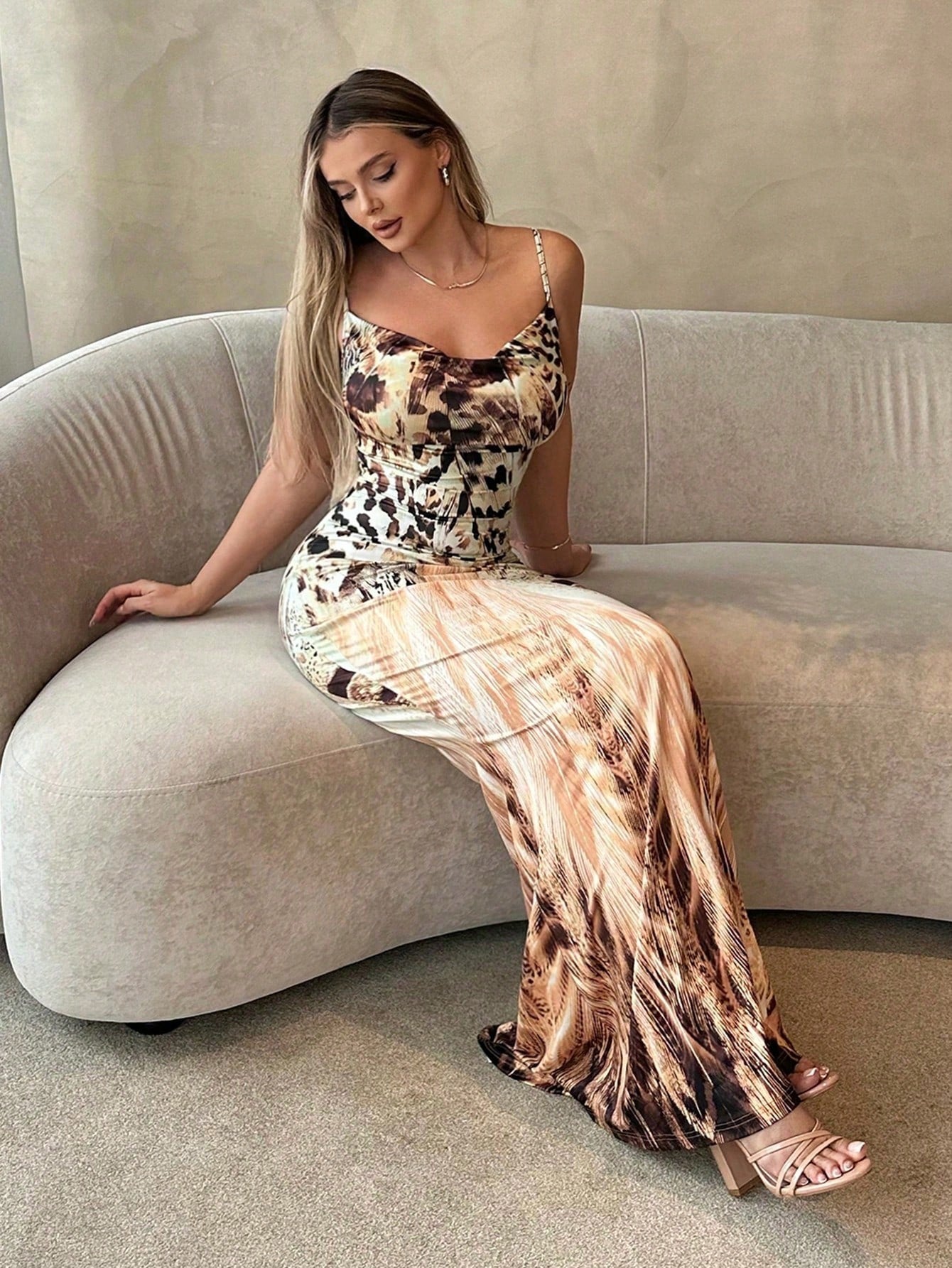 Plus Size Deep Draped Neck, Leopard Print Mermaid Long Dress