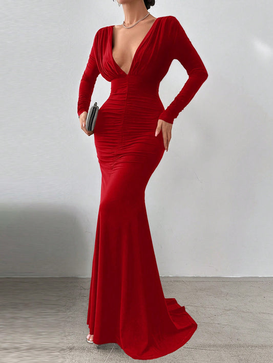 Ladies' Solid Color Simple Daily Deep V-Neck Party Dress