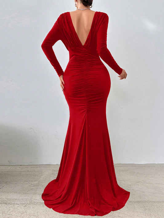 Ladies' Solid Color Simple Daily Deep V-Neck Party Dress