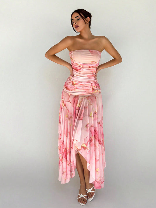 Elegant Romantic Knitted Mesh Floral Print Strapless Pink Slim Dress