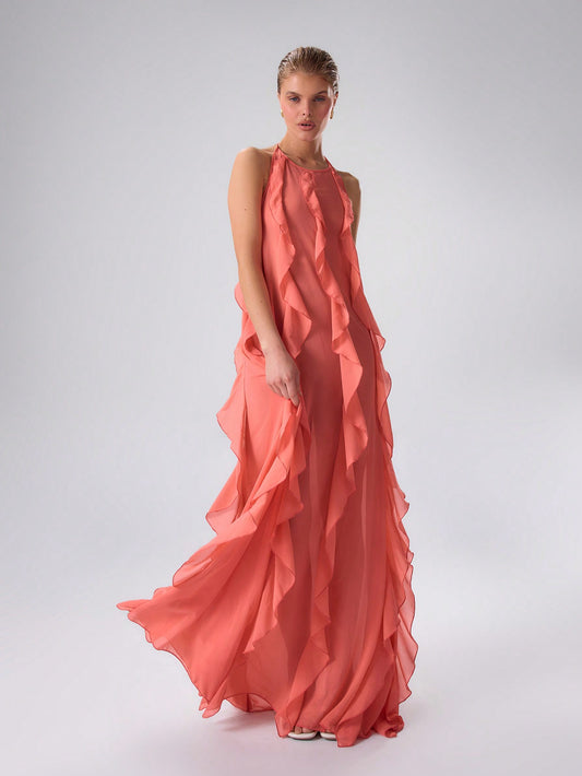 Beautiful Pink Chiffon Ruffle Halter Maxi Dress