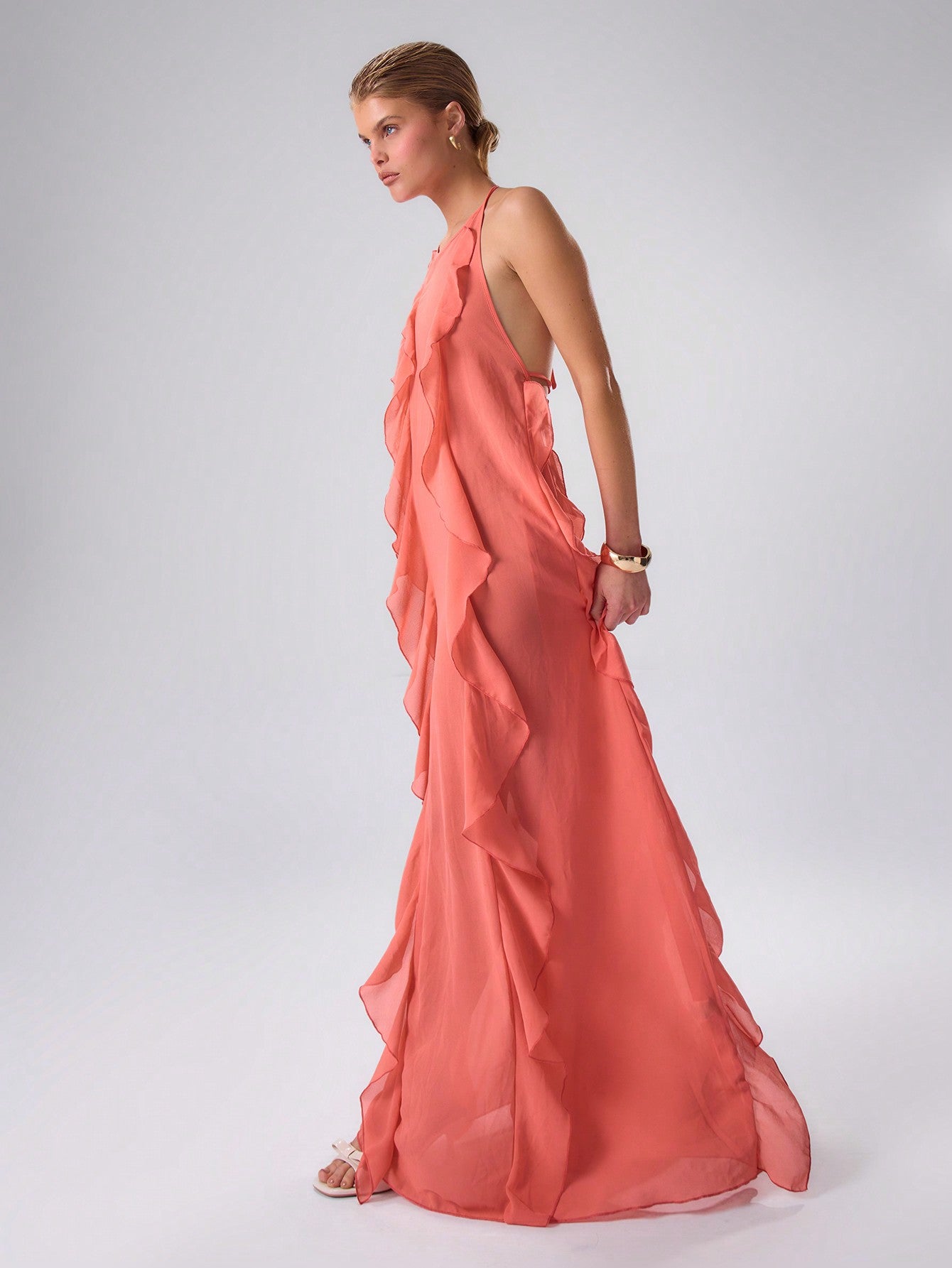 Beautiful Pink Chiffon Ruffle Halter Maxi Dress