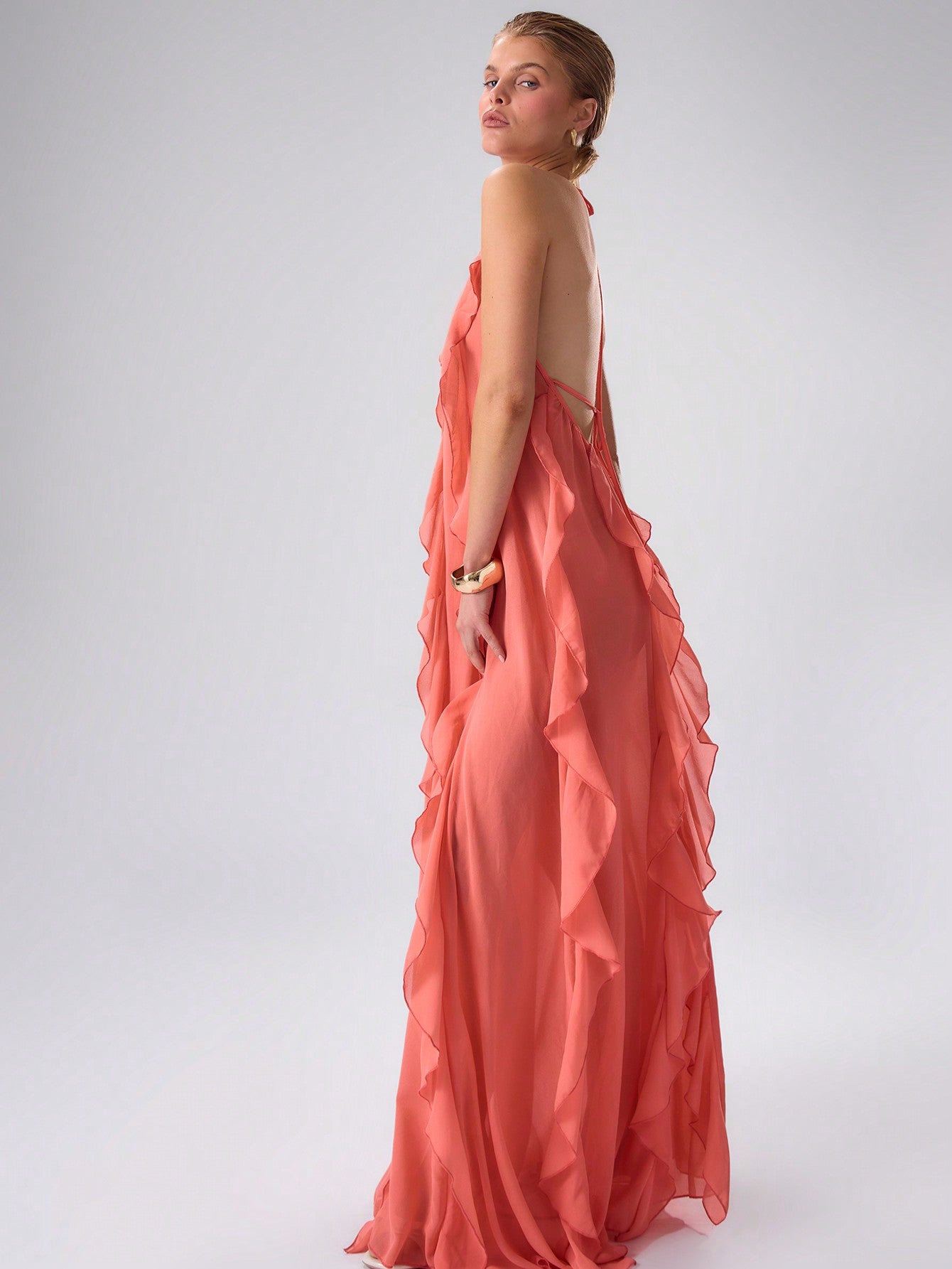 Beautiful Pink Chiffon Ruffle Halter Maxi Dress