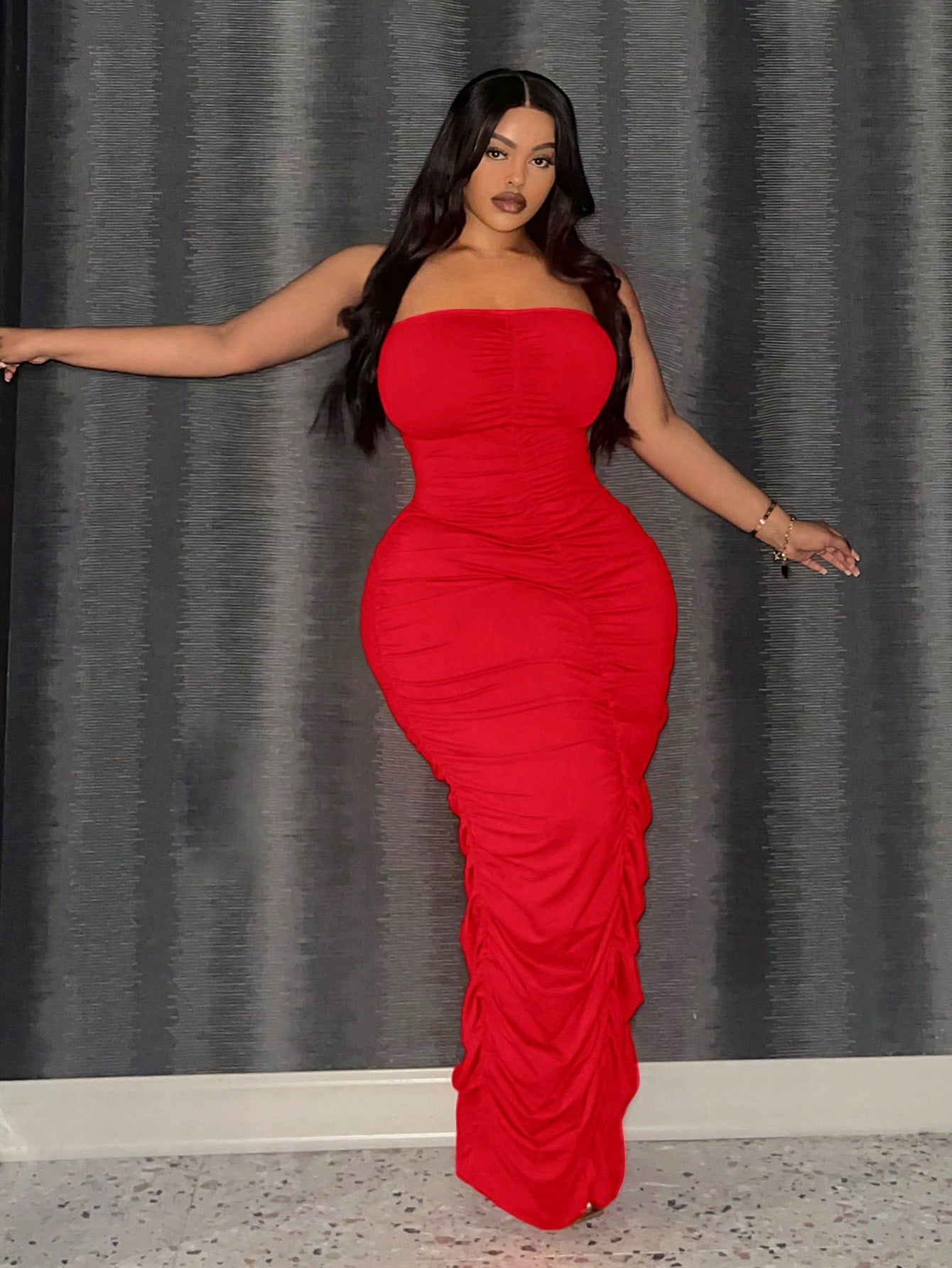 Plus Size Pleated Strapless Long Elegant Bodycon Dress