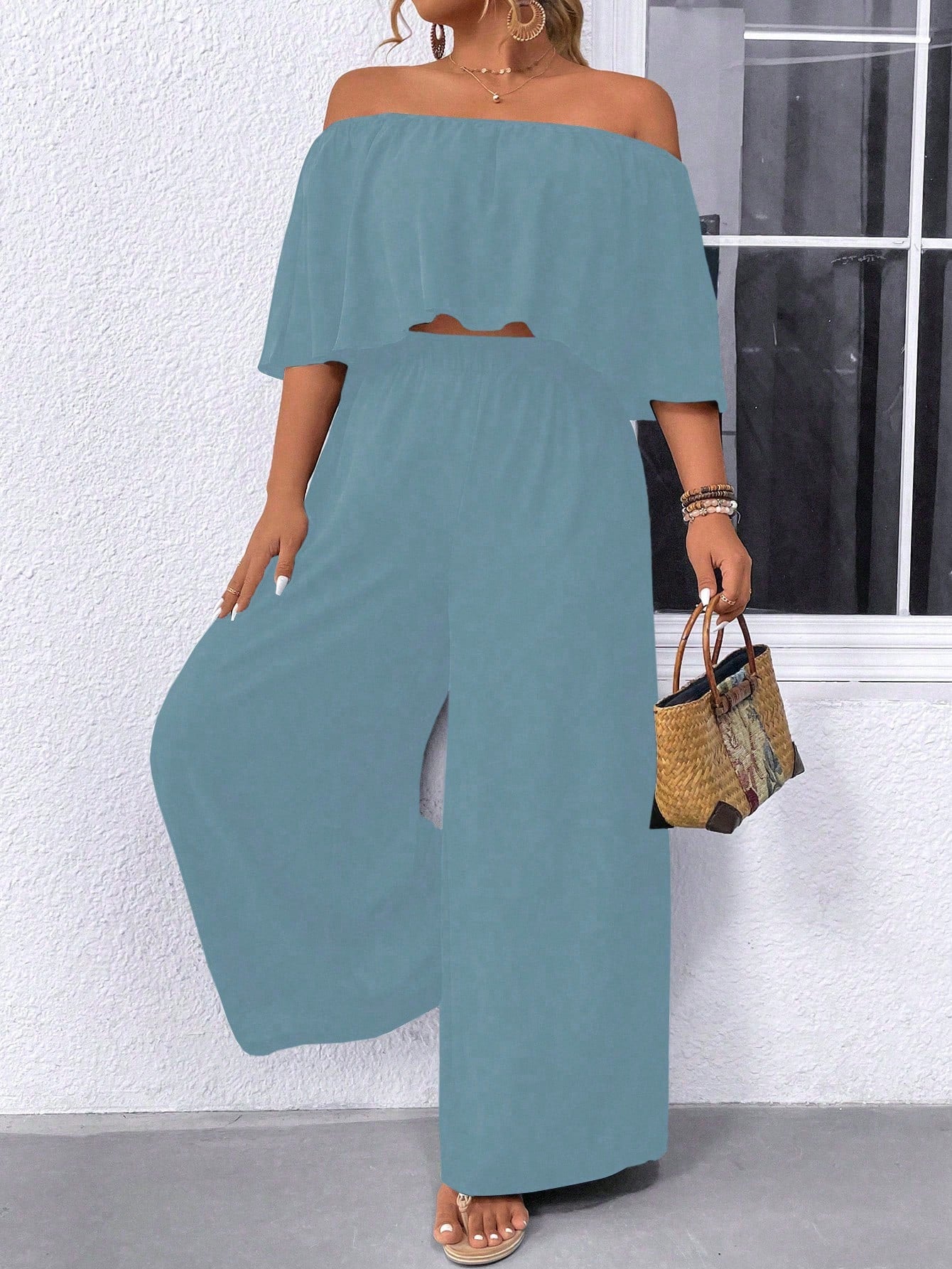 Plus Size Off Shoulder Ruffle Top And Wide Leg Pants Two Piece Set