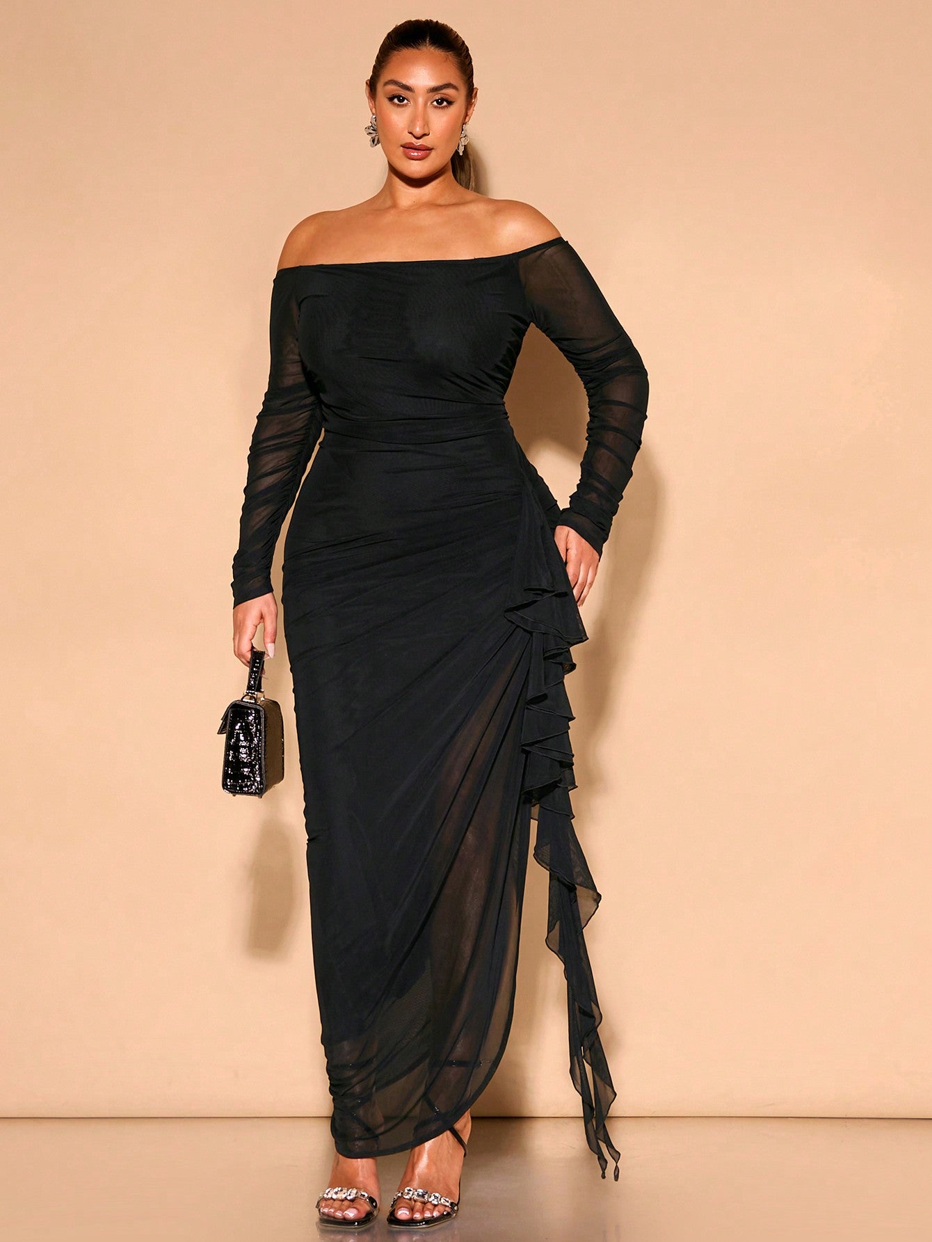 Plus Size Women Bodycon Dress, Off Shoulder Ruched Flouncing Elegant For Party Beach Vacation