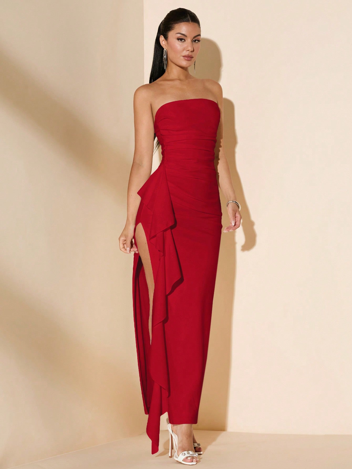 Sexy Sleeveless Ruffled High Slit Tube Dress With Sash