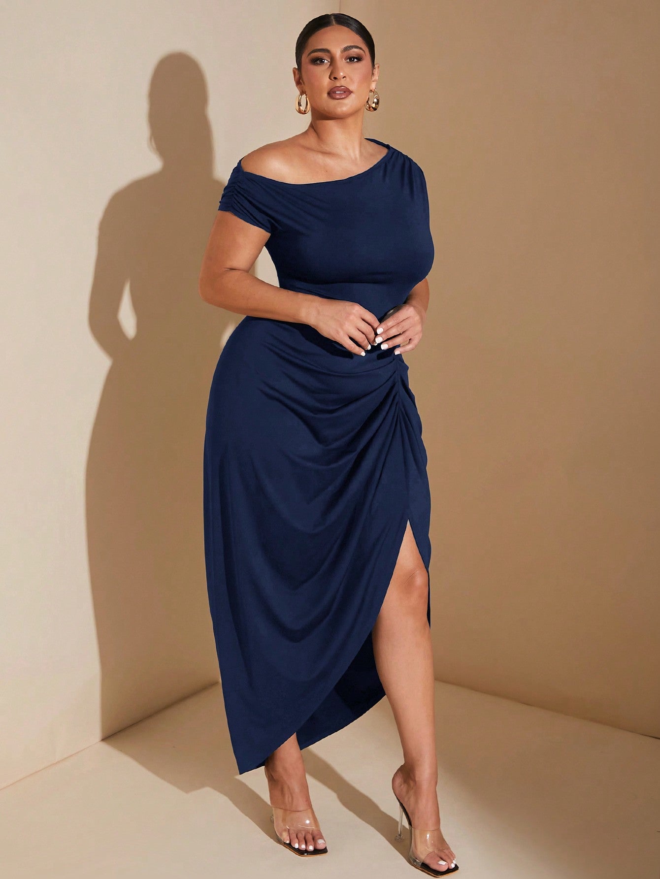 Plus Size Black Stretch Knit  Off-Shoulder Draped Dress Asymmetric Hem Slit Midi Dress