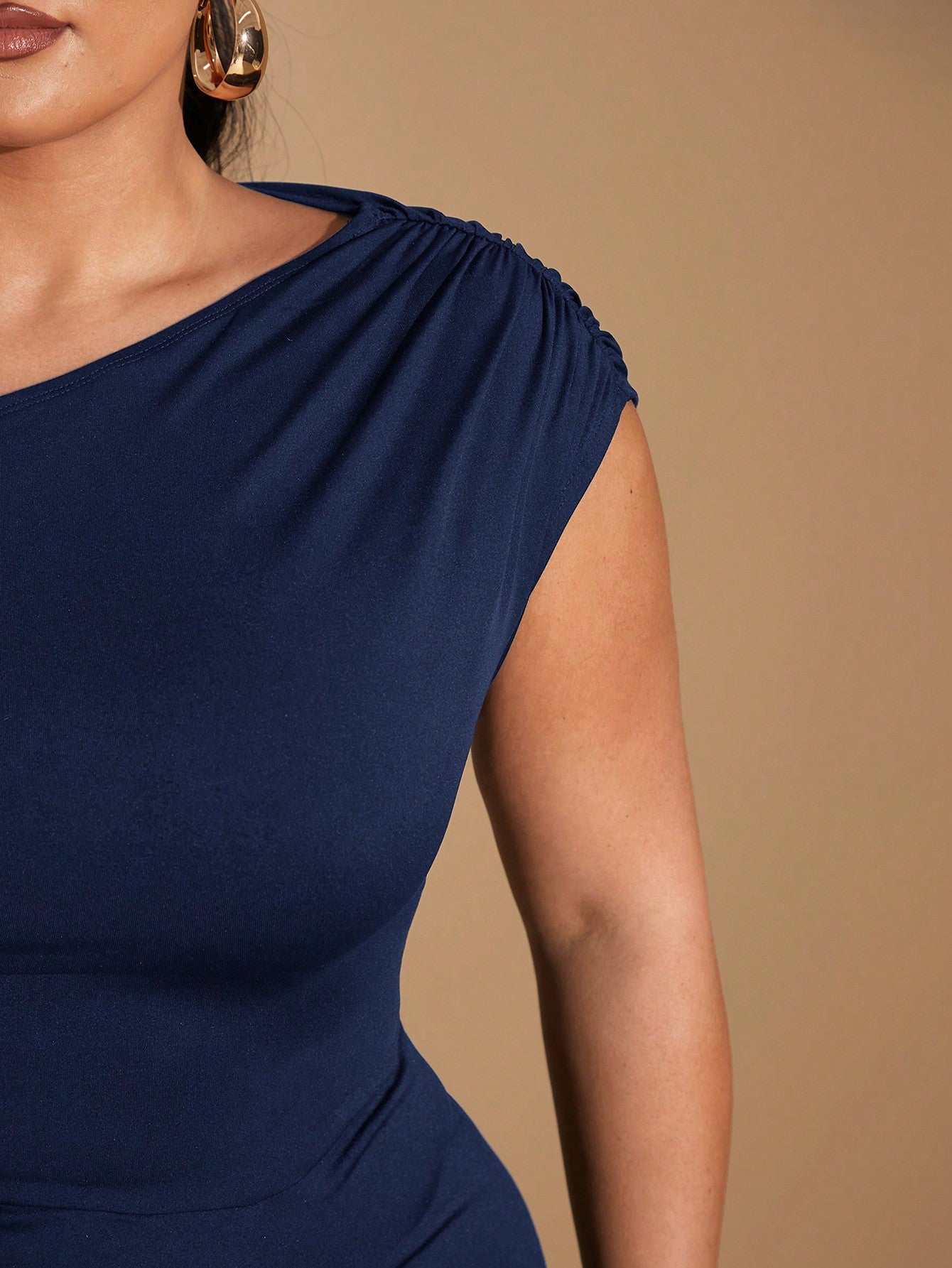 Plus Size Black Stretch Knit  Off-Shoulder Draped Dress Asymmetric Hem Slit Midi Dress