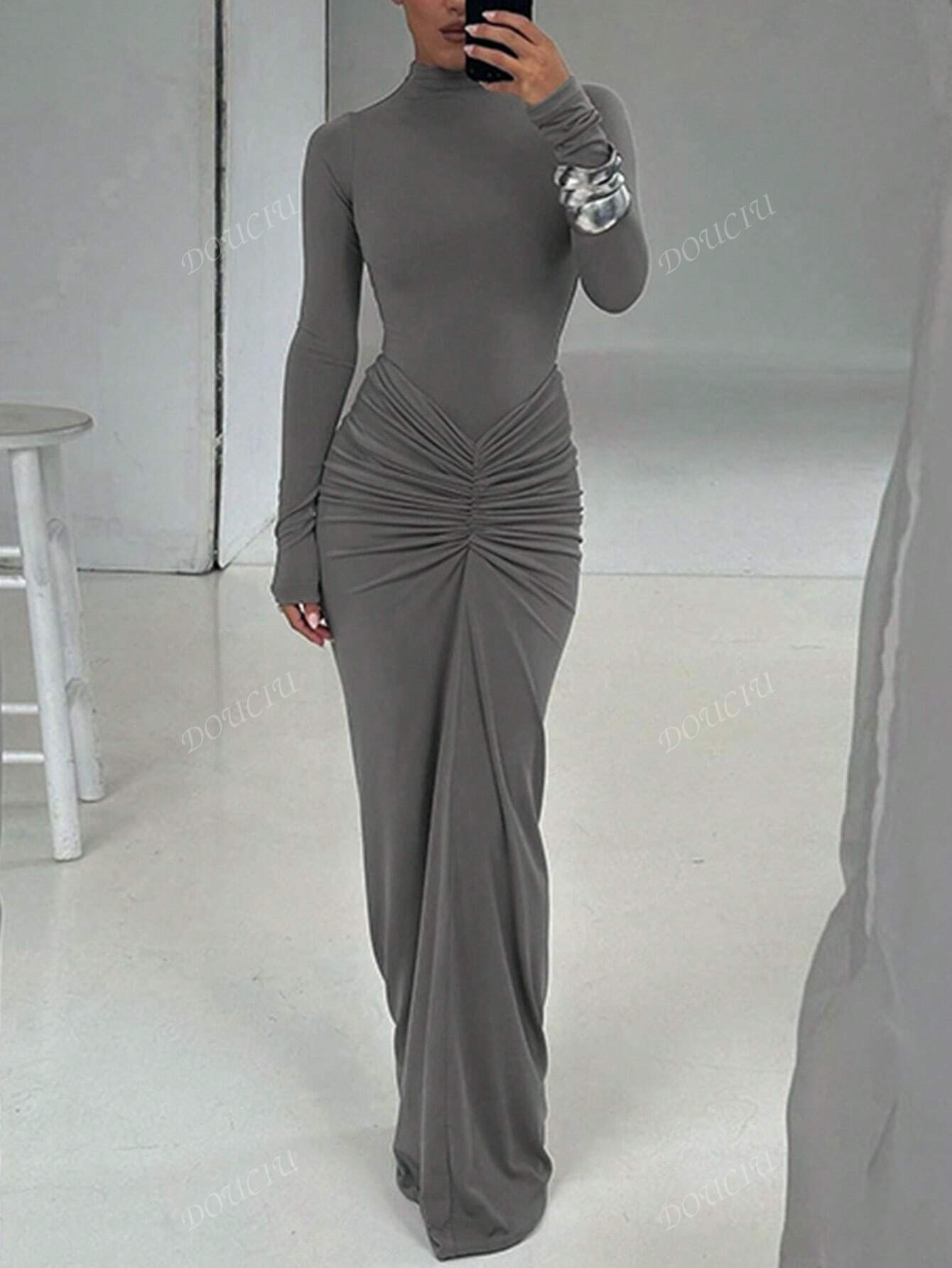 Women Fitted Crew Neck Long Sleeve Ruffle Hem Solid Color Dress, Spring/Autumn
