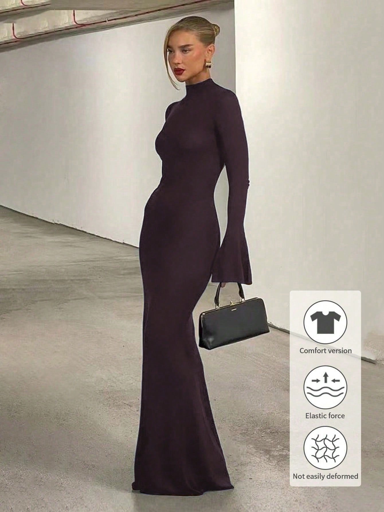 Elegant Stylish Turtleneck Long Sleeve Flared Cuffs Bodycon Mermaid Maxi Dress