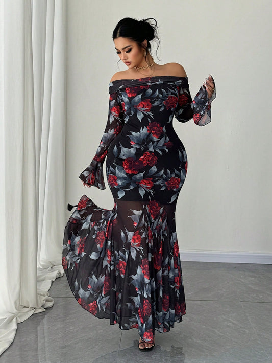 MOD Plus Size French Retro Rose Print Off Shoulder Bodycon Fishtail Dress Maxi Women Outfit