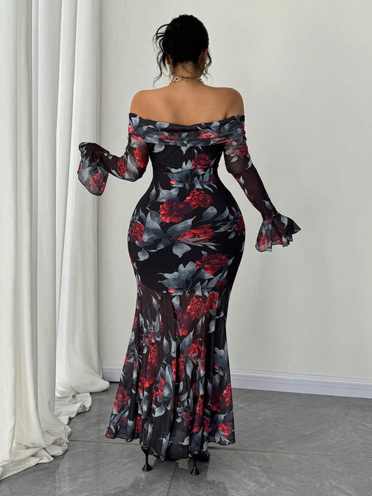 MOD Plus Size French Retro Rose Print Off Shoulder Bodycon Fishtail Dress Maxi Women Outfit