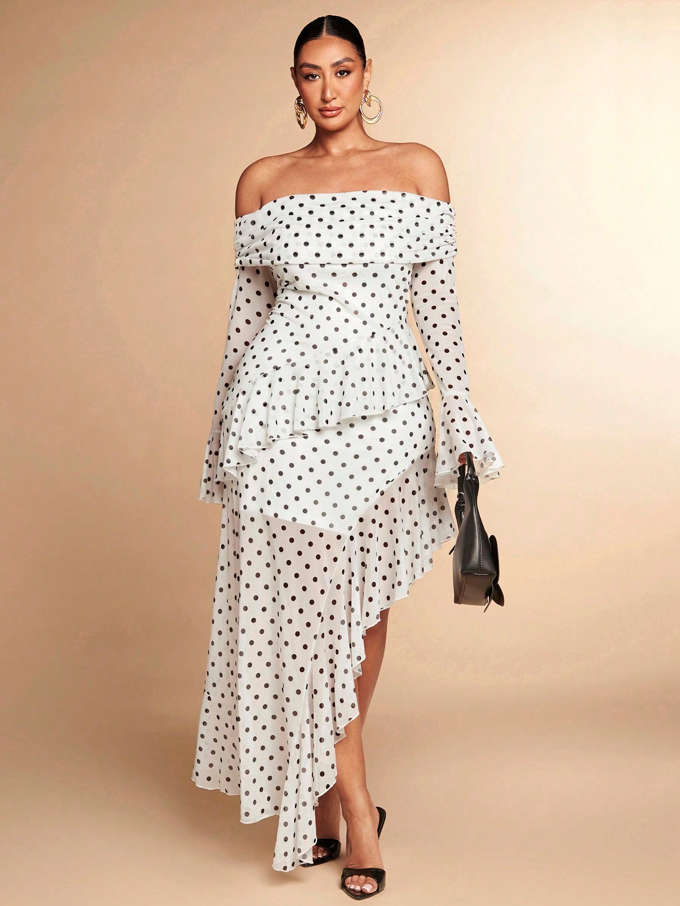 Plus Size Solid Black Mesh Tulle One Shoulder Ruffle High Slit Hem Long Elegant Sexy Dress