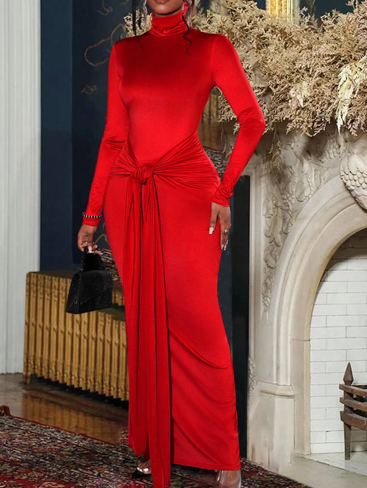 Slayr Elegant High Collar Satin Ribbon Tie Waist Long Dress For Valentine's Day Party, Winter