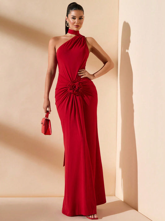 Elegant Asymmetrical Neck, Bodycon, Ruching, 3D Floral Decor, Hollow-Out, Criss-Cross Back Dress