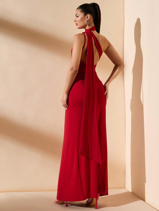 Elegant Asymmetrical Neck, Bodycon, Ruching, 3D Floral Decor, Hollow-Out, Criss-Cross Back Dress