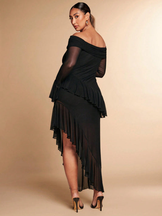 Plus Size Solid Black Mesh Tulle One Shoulder Ruffle High Slit Hem Long Elegant Sexy Dress