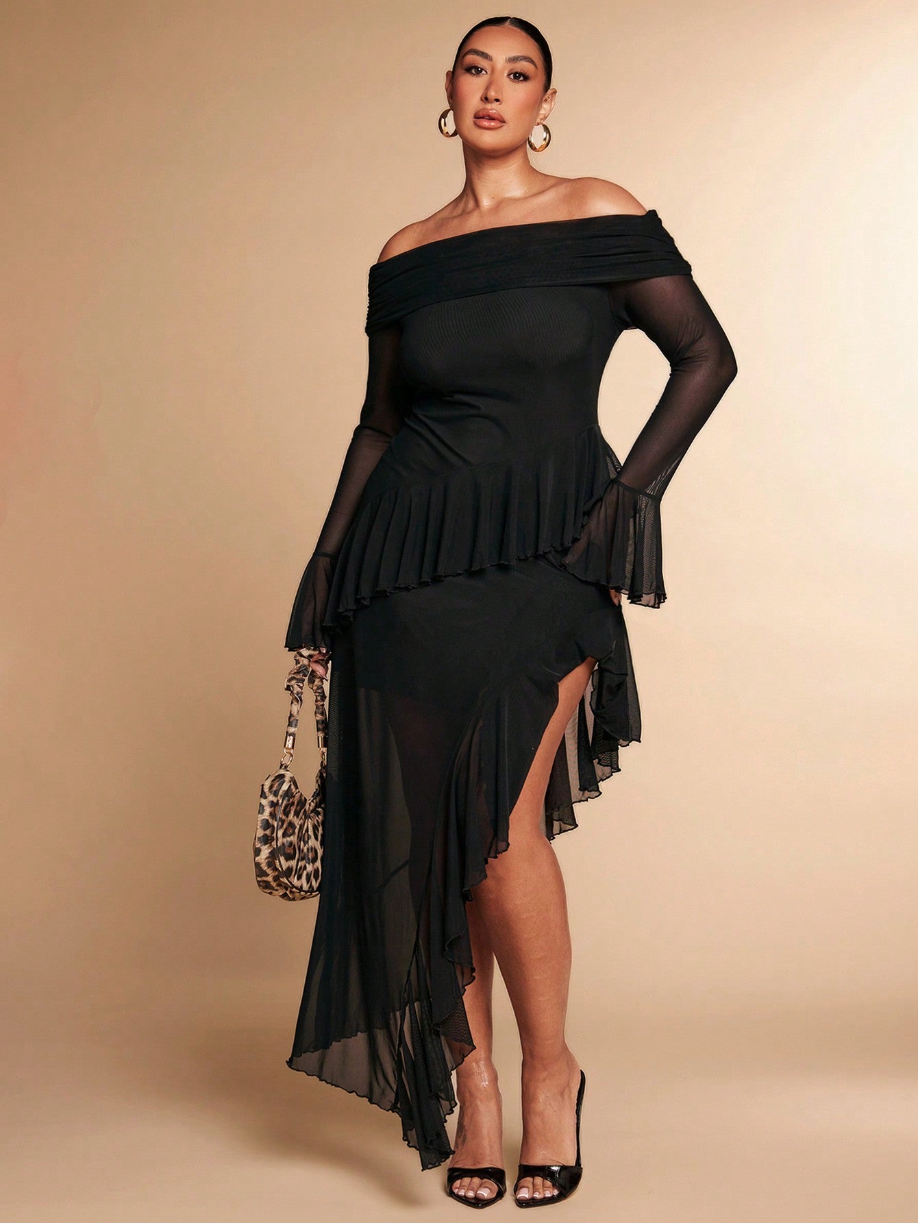 Plus Size Solid Black Mesh Tulle One Shoulder Ruffle High Slit Hem Long Elegant Sexy Dress