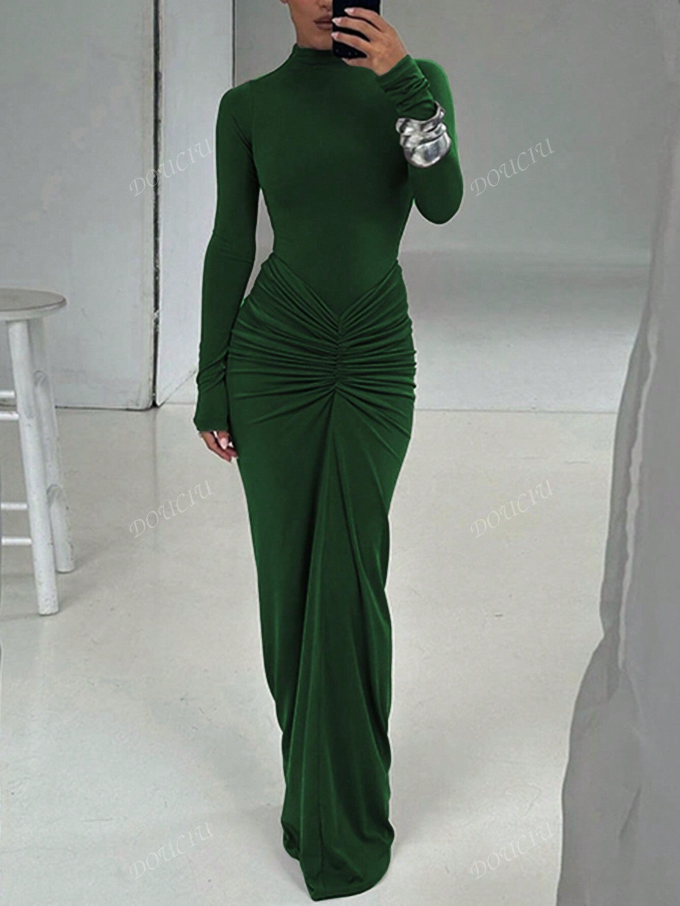 Women Fitted Crew Neck Long Sleeve Ruffle Hem Solid Color Dress, Spring/Autumn