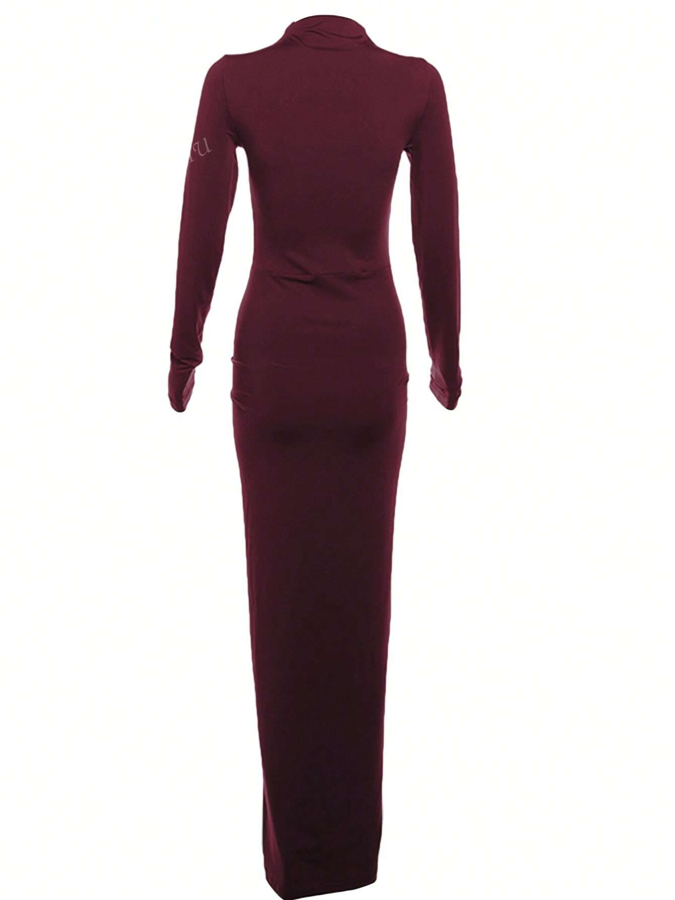 Women Fitted Crew Neck Long Sleeve Ruffle Hem Solid Color Dress, Spring/Autumn