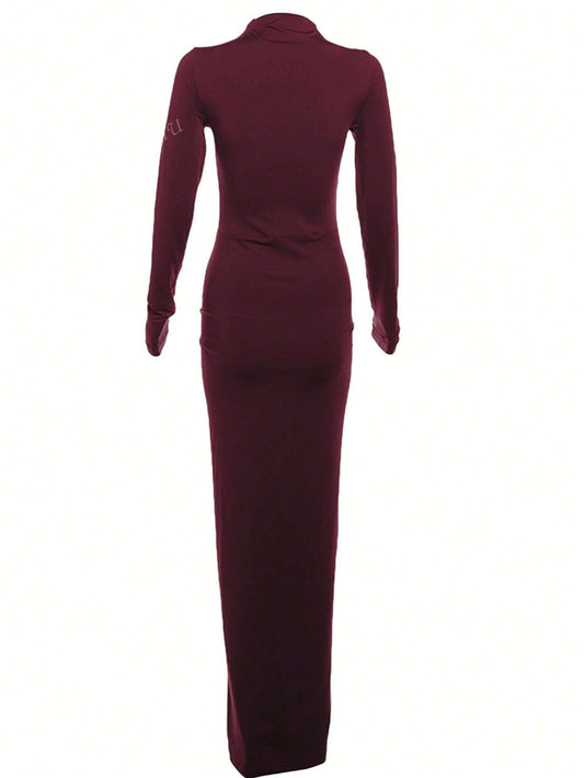 Women Fitted Crew Neck Long Sleeve Ruffle Hem Solid Color Dress, Spring/Autumn