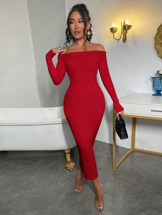 SXY Women's Solid Color Off Shoulder Long Sleeve Casual Dress
