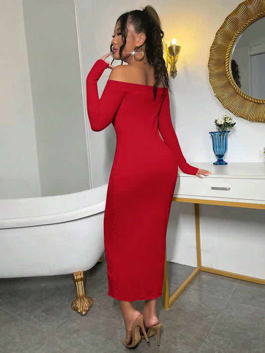SXY Women's Solid Color Off Shoulder Long Sleeve Casual Dress