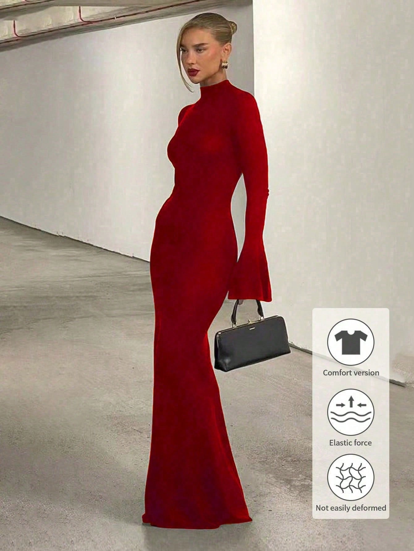 Elegant Stylish Turtleneck Long Sleeve Flared Cuffs Bodycon Mermaid Maxi Dress