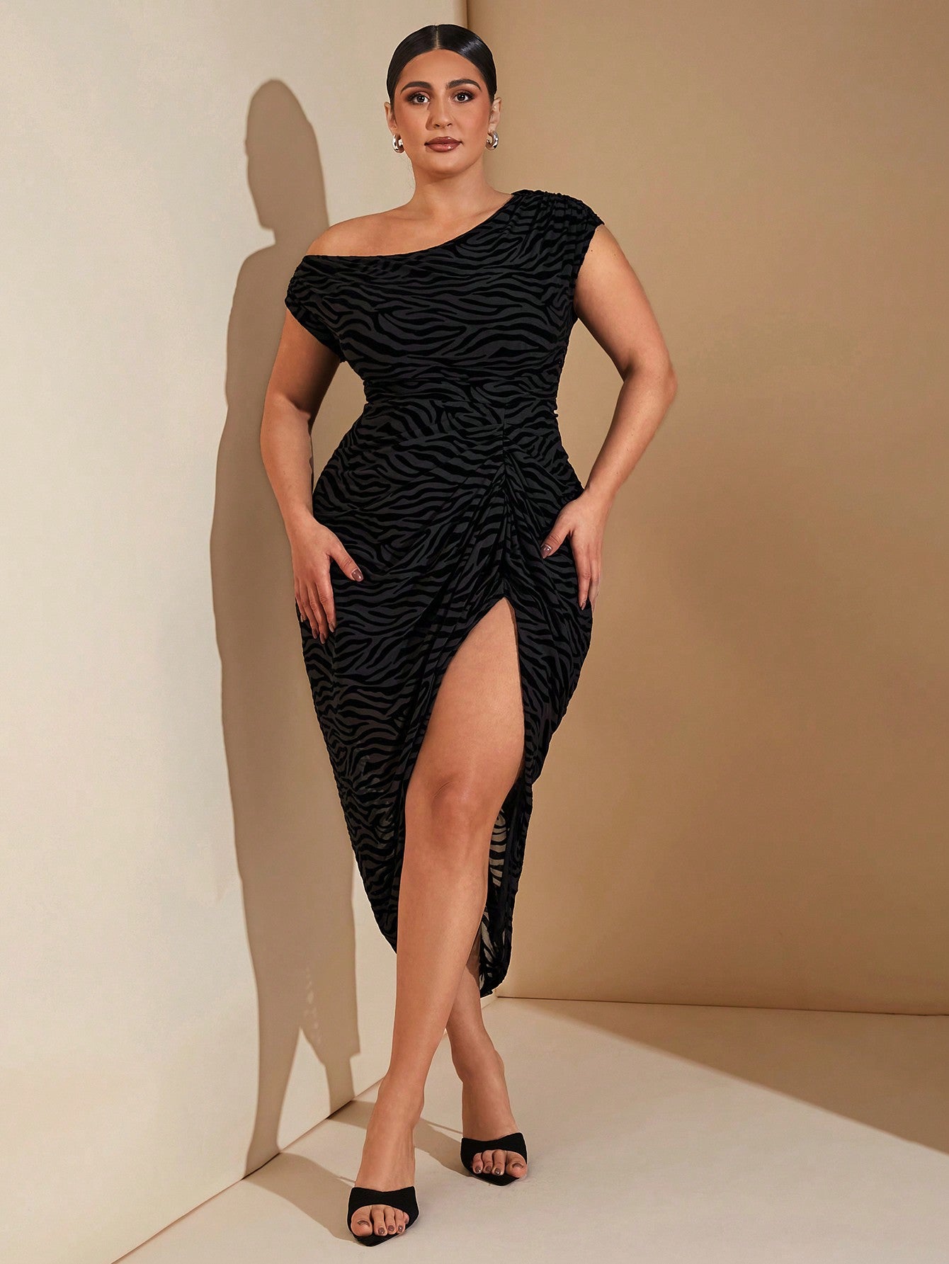 Plus Size Black Stretch Knit  Off-Shoulder Draped Dress Asymmetric Hem Slit Midi Dress