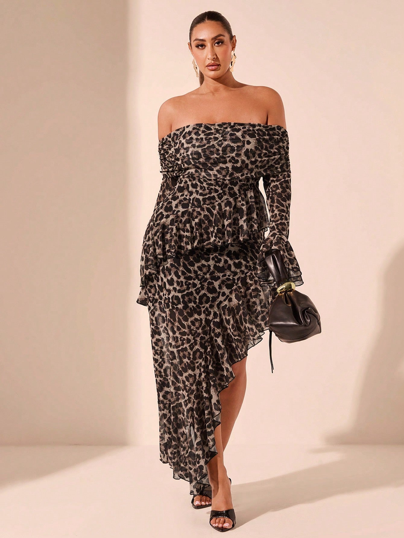 Plus Size Solid Black Mesh Tulle One Shoulder Ruffle High Slit Hem Long Elegant Sexy Dress