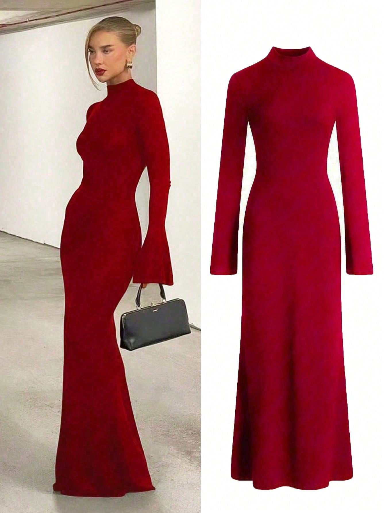 Elegant Stylish Turtleneck Long Sleeve Flared Cuffs Bodycon Mermaid Maxi Dress