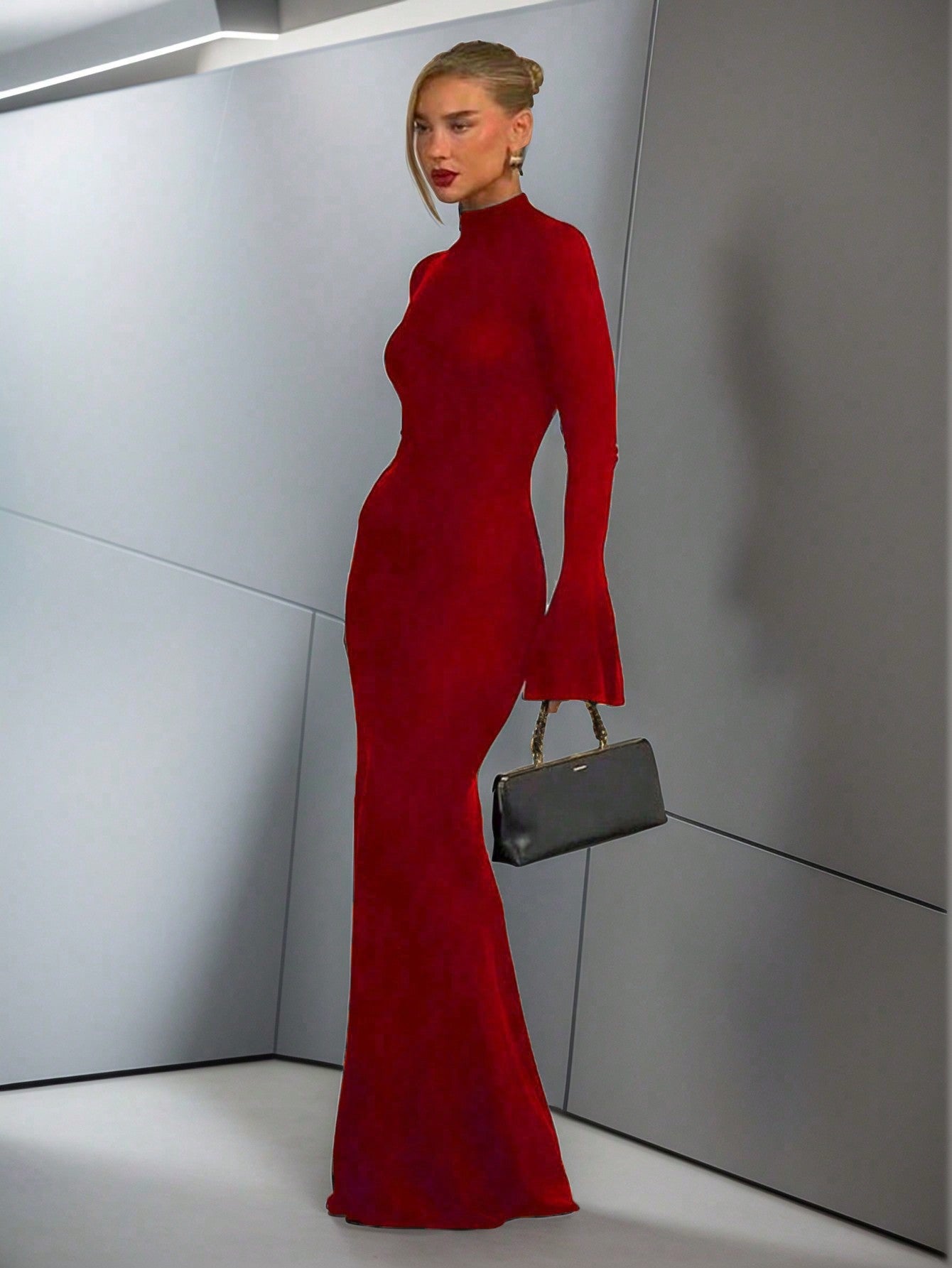 Elegant Stylish Turtleneck Long Sleeve Flared Cuffs Bodycon Mermaid Maxi Dress