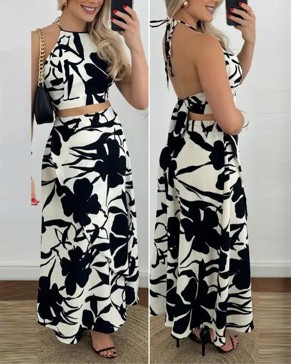 Tropical Print Halter Top & Slit Skirt Set