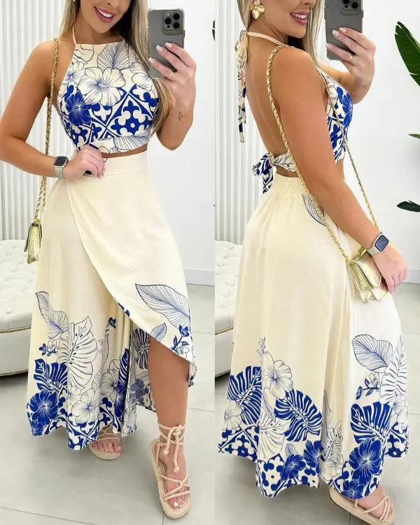 Tropical Print Halter Top & Slit Skirt Set