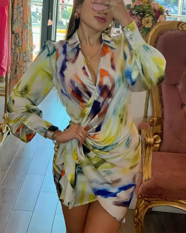 Tie Dye Print Lantern Sleeve Wrap Dress