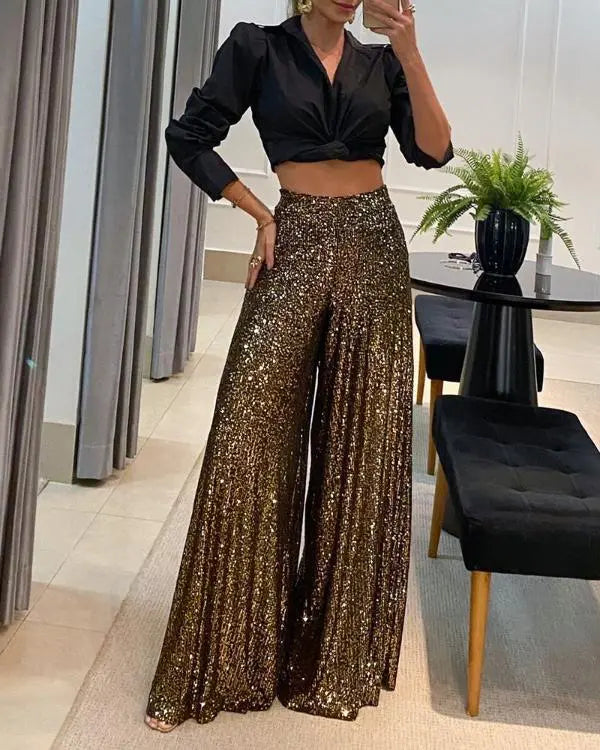 High Waist Sequin Wide Leg Flared Pants