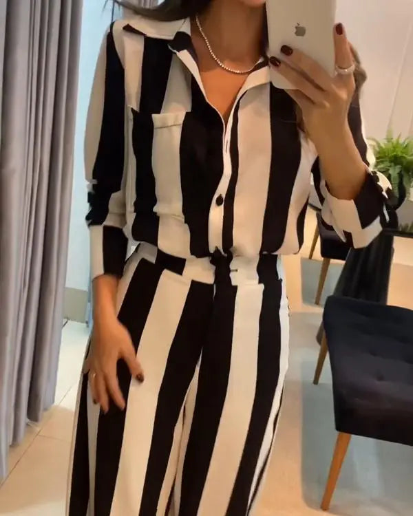 Striped Pocket Design Shirt & Wide Leg Pants Set