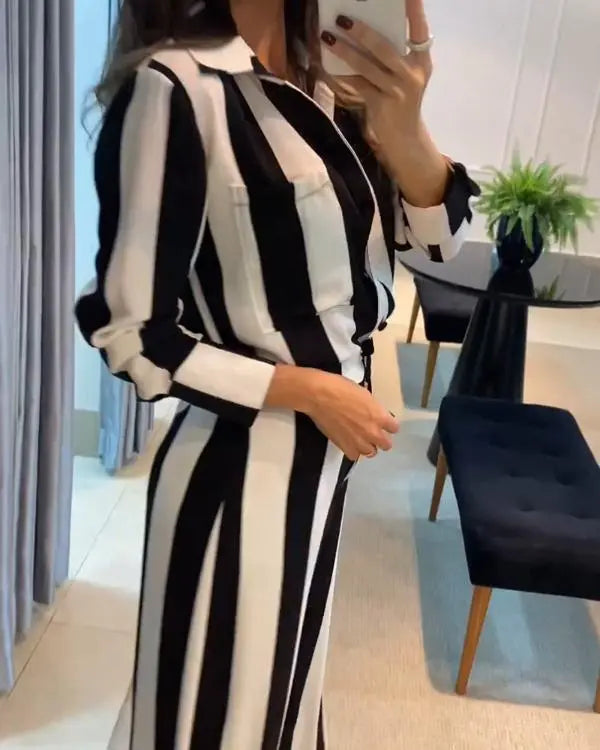 Striped Pocket Design Shirt & Wide Leg Pants Set