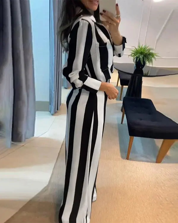 Striped Pocket Design Shirt & Wide Leg Pants Set