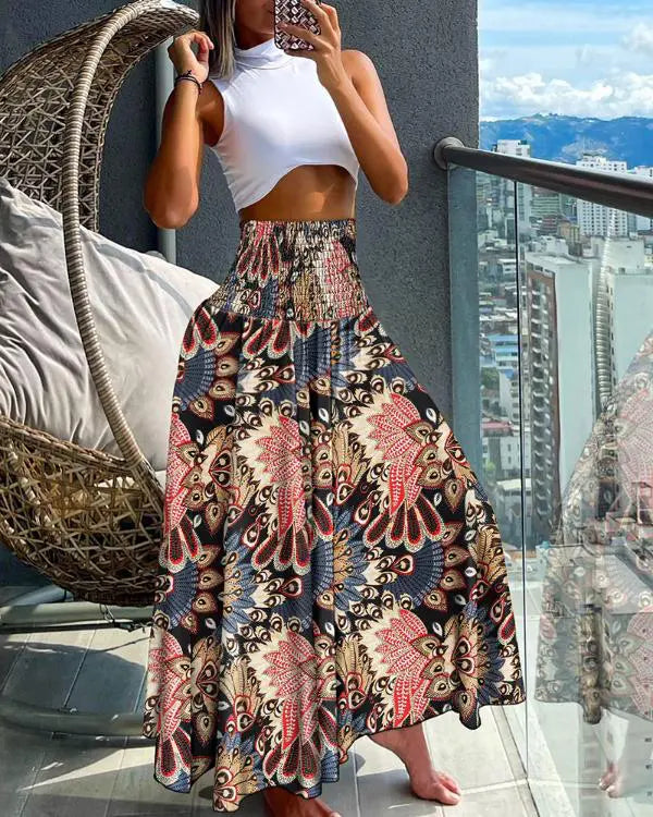 Floral Print Shirred Wide Leg Pants