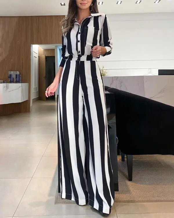 Striped Pocket Design Shirt & Wide Leg Pants Set