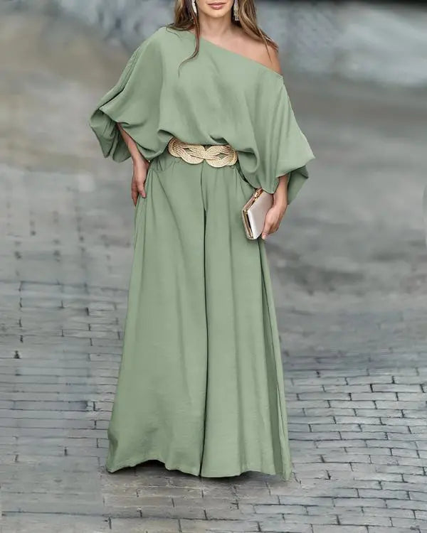 Skew Neck Lantern Sleeve Top & Wide Leg Pants Set